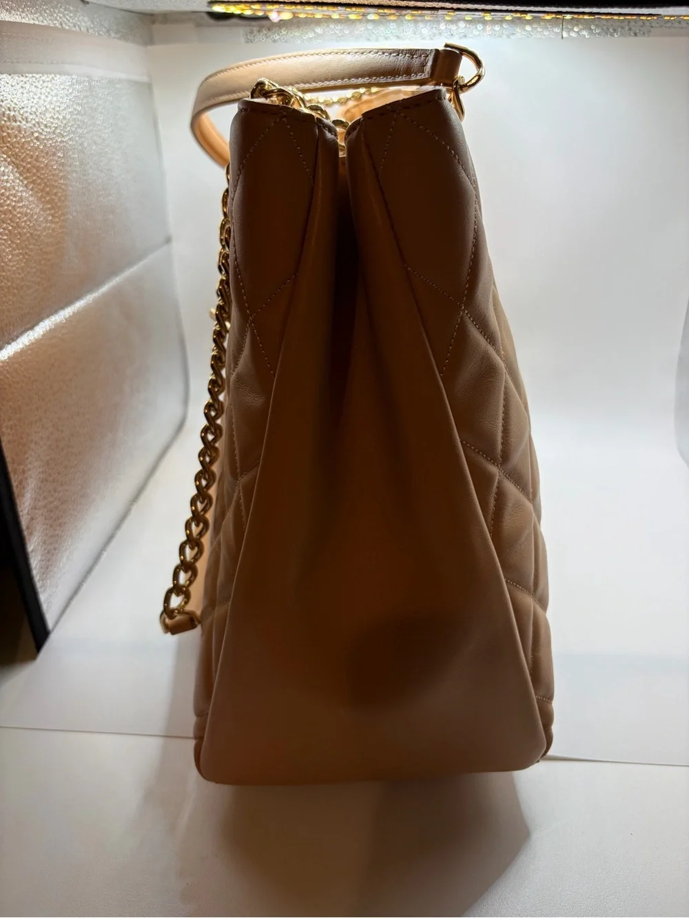 kate spade Quilted Tan Leather Shoulder Bag with Gold Chain